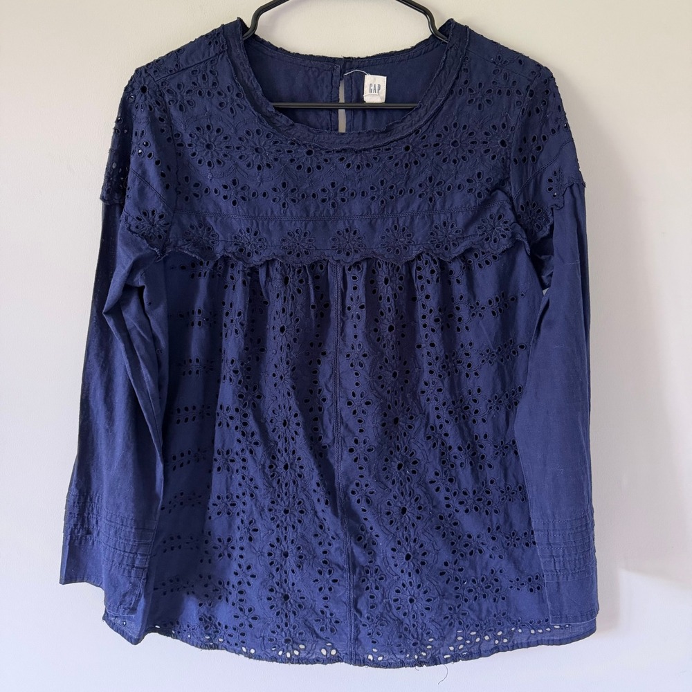 Gap Navy Blue Eyelet Long Sleeve Embroidered Cotton Blouse S Boho Cottage Preppy